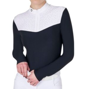 Polo Equestro Donna da Concorso Manica Lunga con Strass Nero Bianco