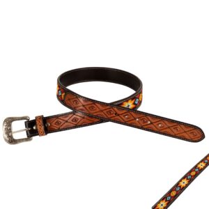 Cintura Western Pool’s Unisex in Cuoio con Perline ed Incisione a Piume