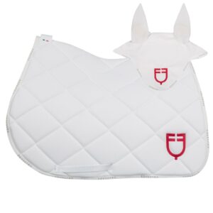Sottosella e Cuffietta Inglese Equestro in Tessuto Tecnico con Logo Multicolore Bianco Rosso